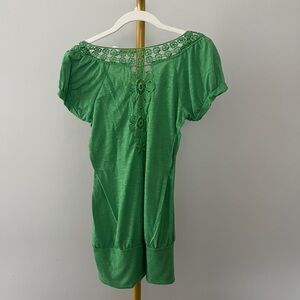Energie Green Crochet Embroidered Knit Tunic Blouse Puff Sleeve Scoop Neck M